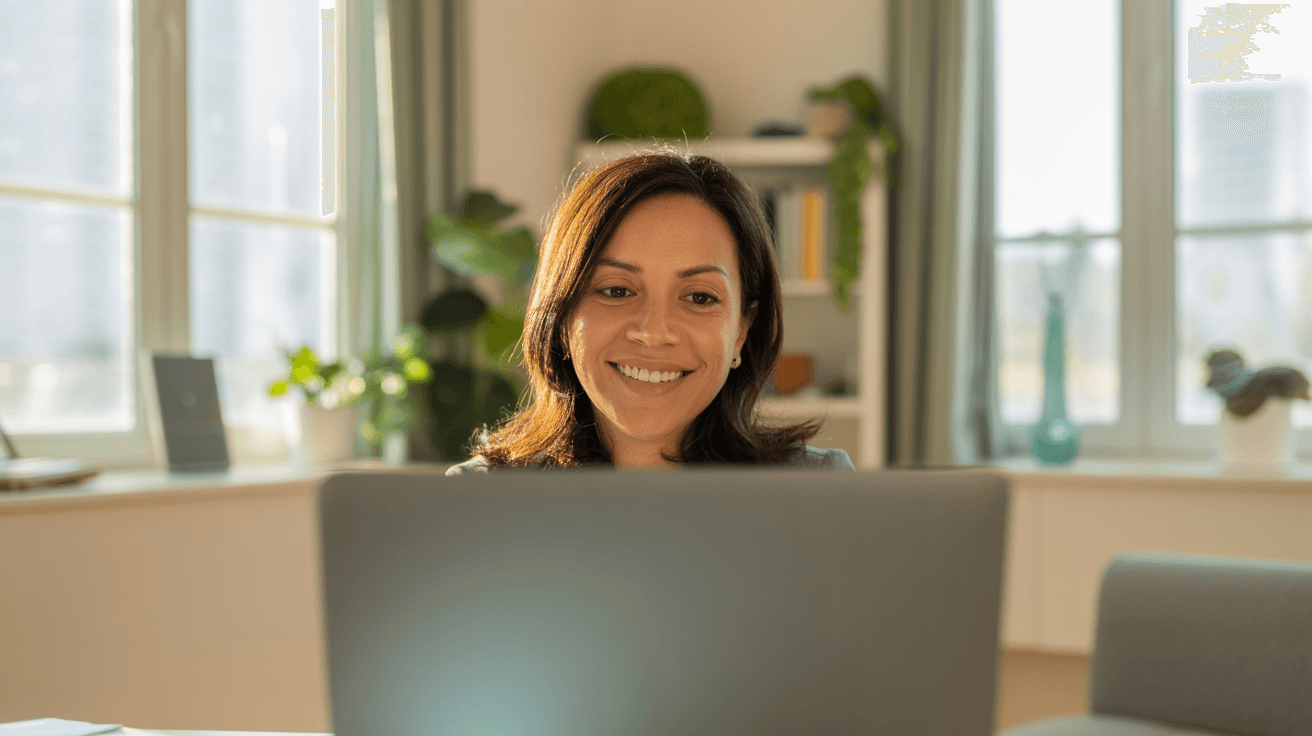 Mulher sorri durante uma consulta online pelo notebook, em casa